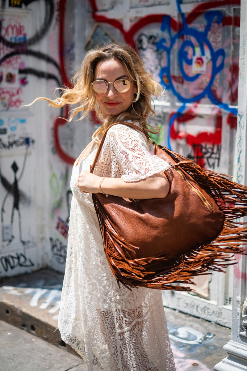 Cross body bag. BOHO suede leather bag in dark beige with FRINGES. Larger  model. Genuine leather light brown - taupe crossbody hippy bag .