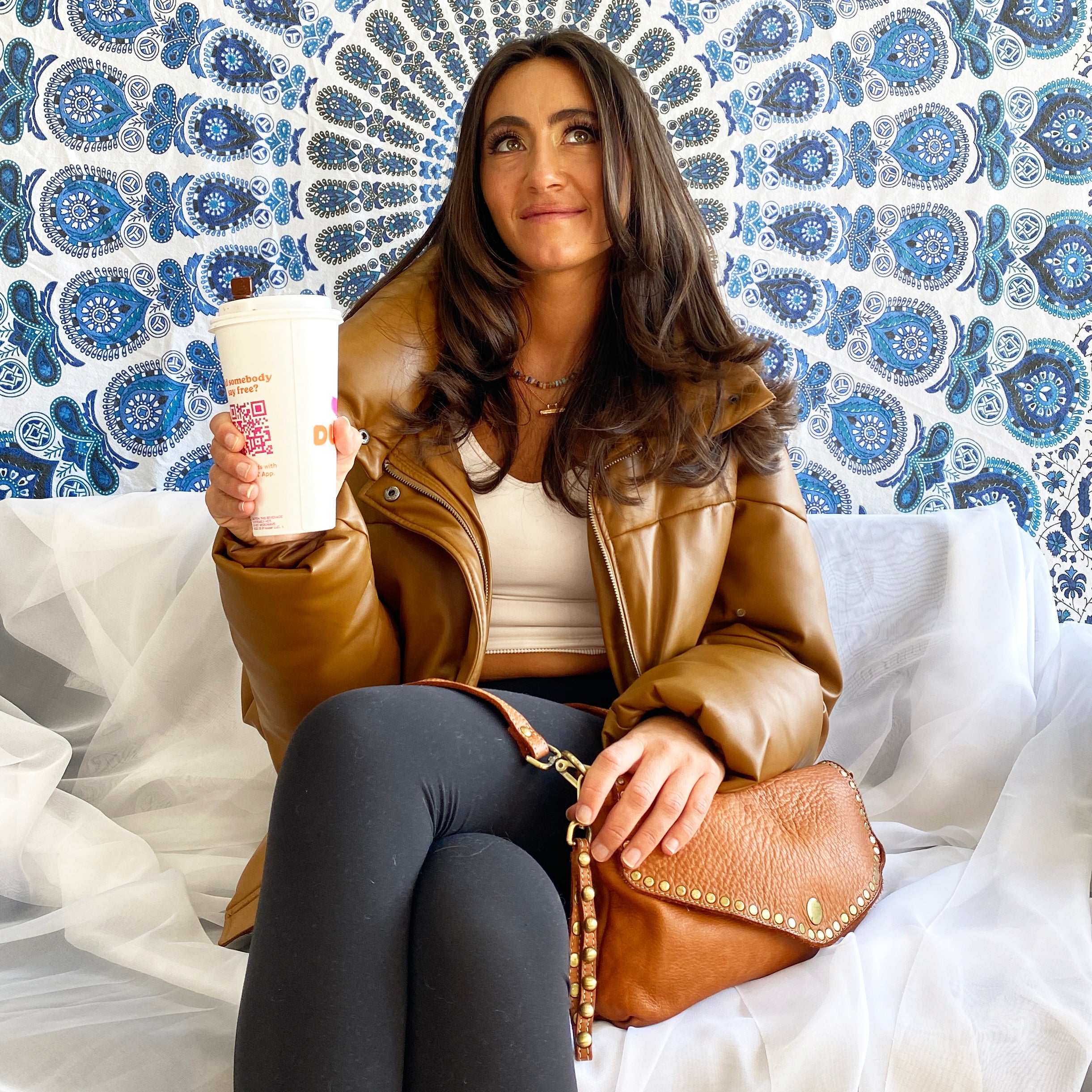 Aria Envelope Crossbody in Cognac with Studs on Model