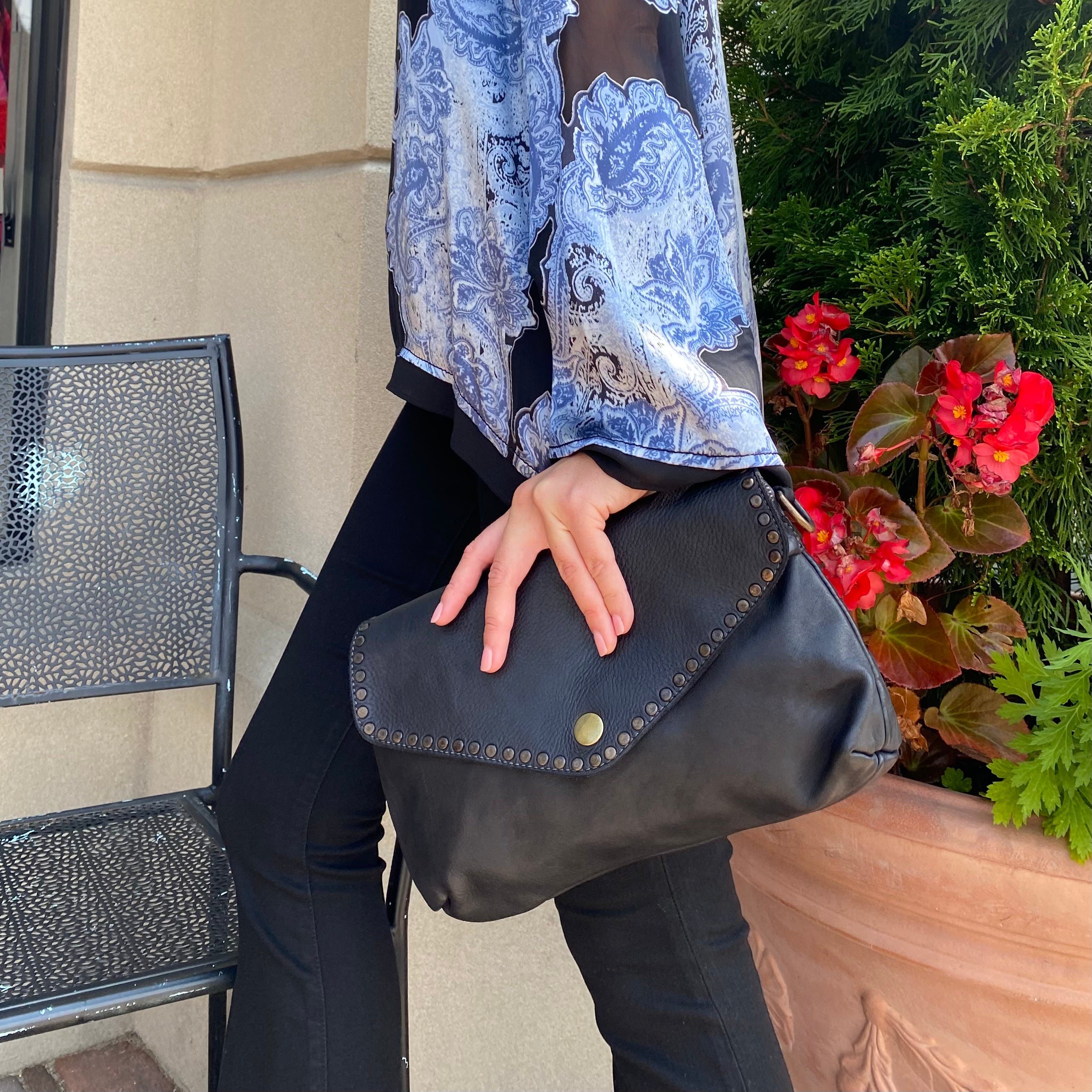 Aria Envelope Crossbody in Black with Studs