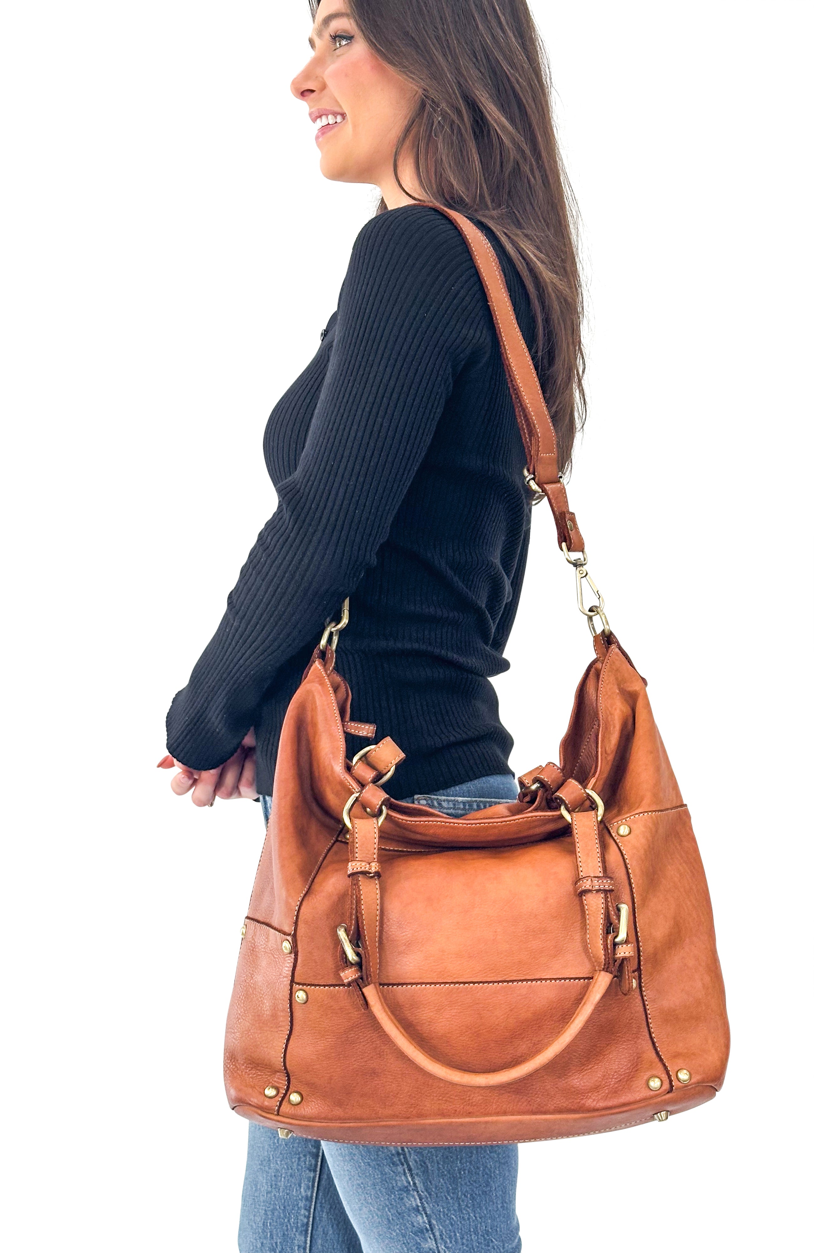 Nora Patchwork Tote in Cognac on model