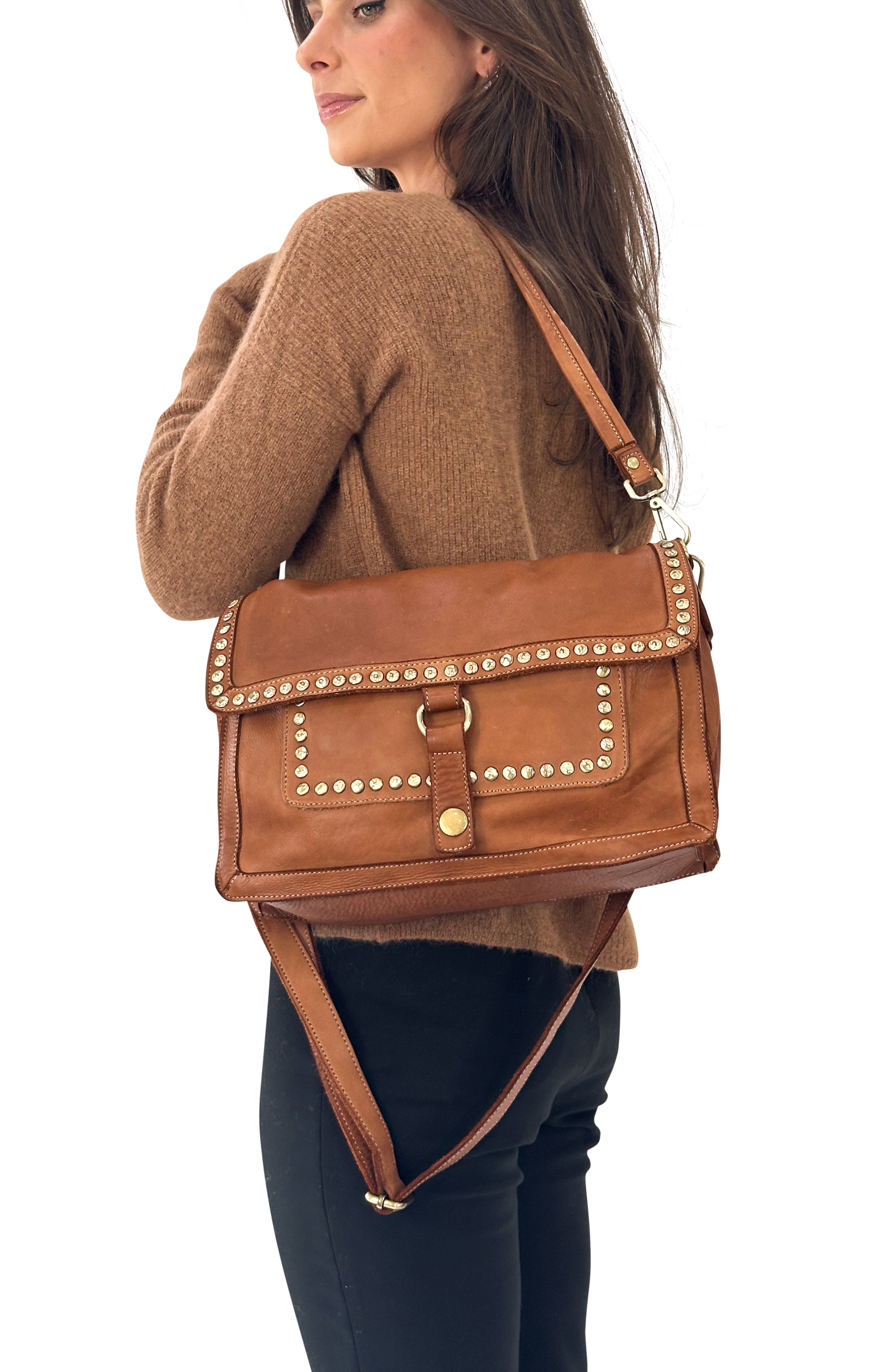 Emily Studded Shoulder Bag in Cognac