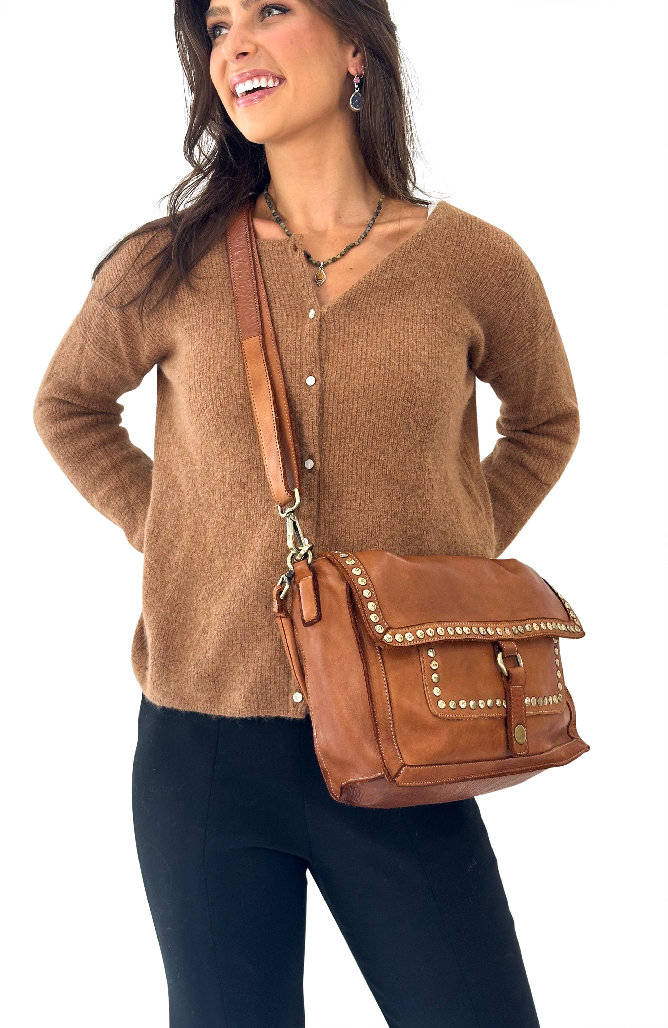 Emily Studded Shoulder Bag in Cognac