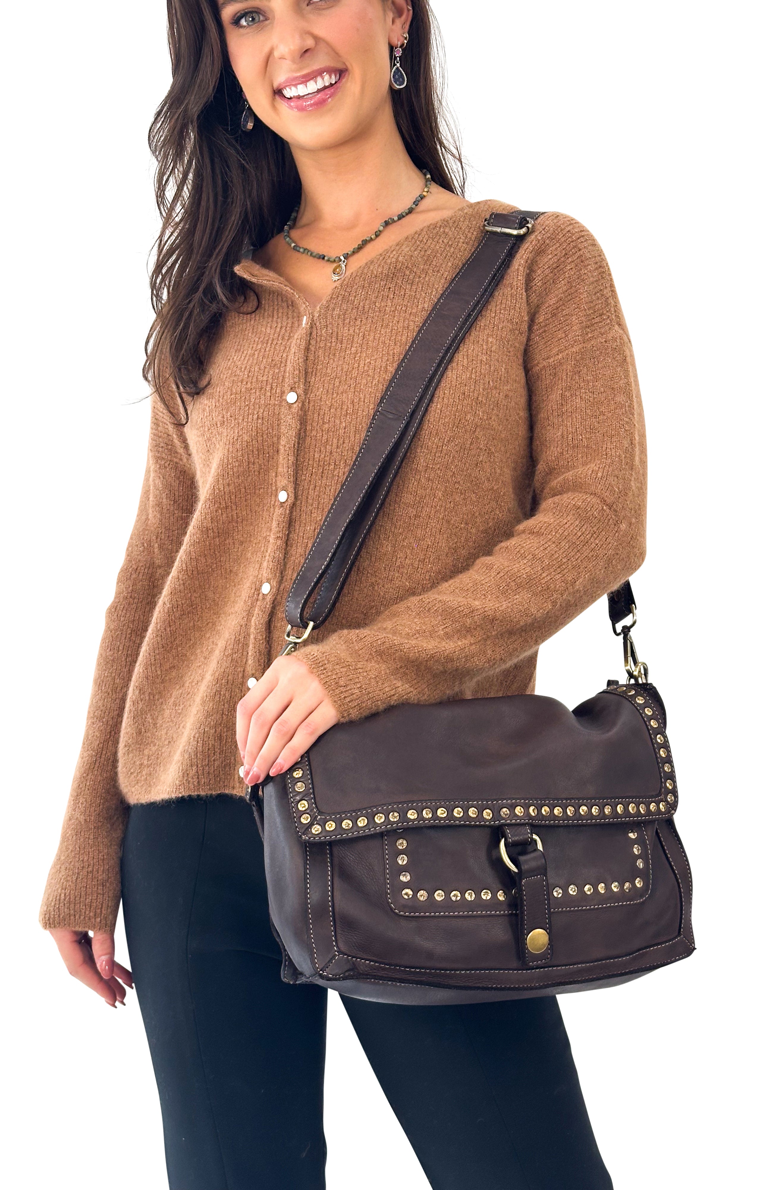 Emily Studded Shoulder Bag in Chocolate