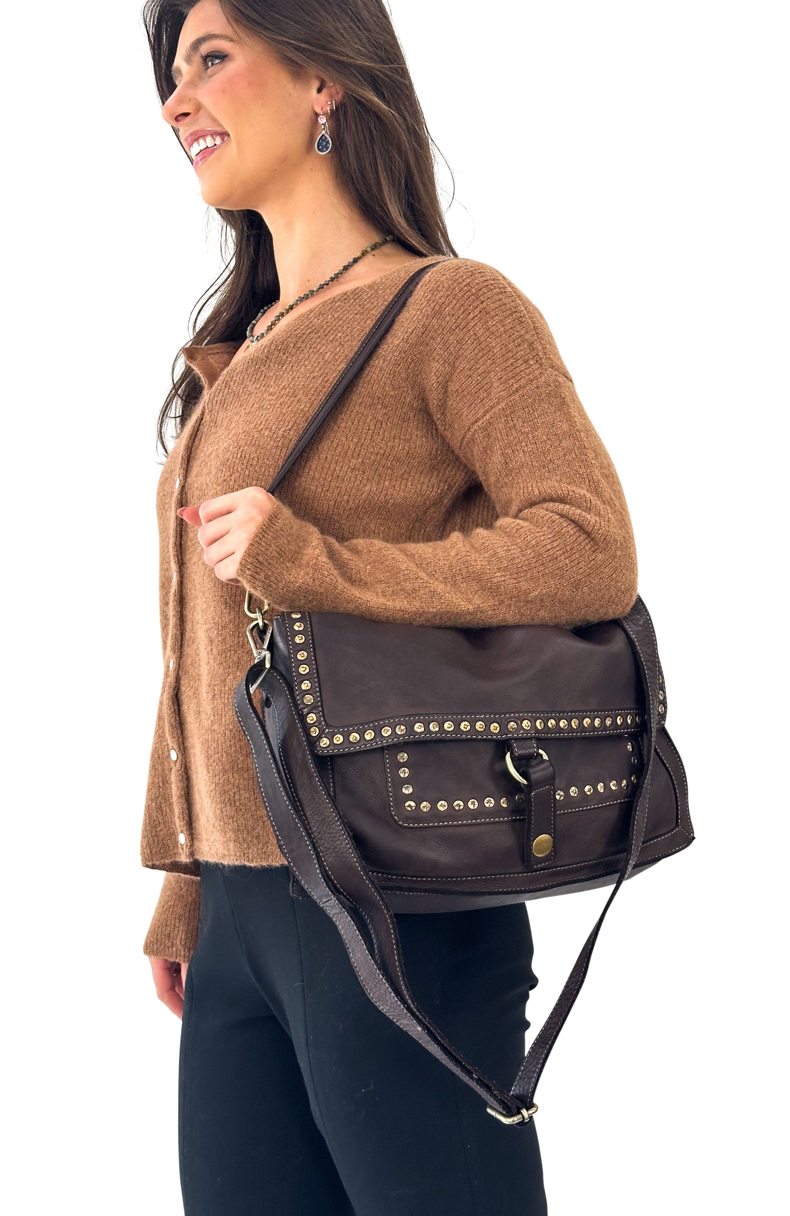 Emily Studded Shoulder Bag in Chocolate