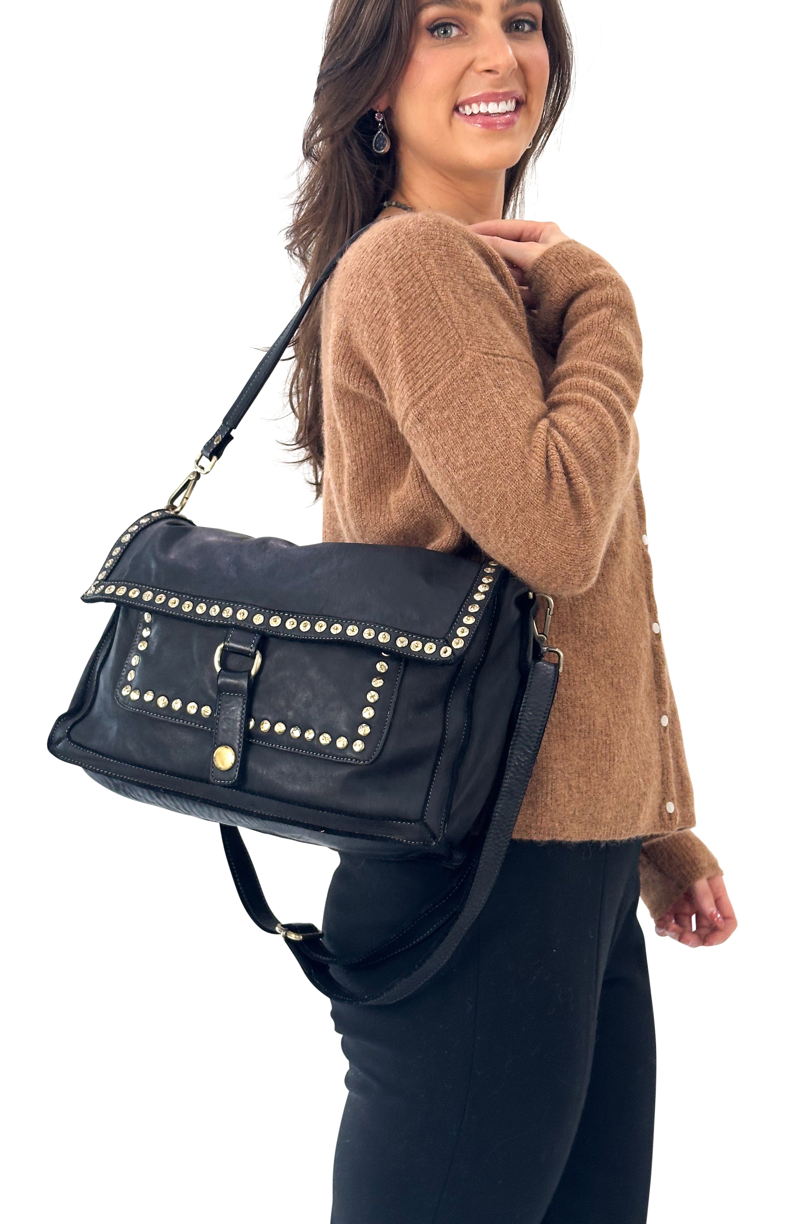 Emily Studded Shoulder Bag in Black