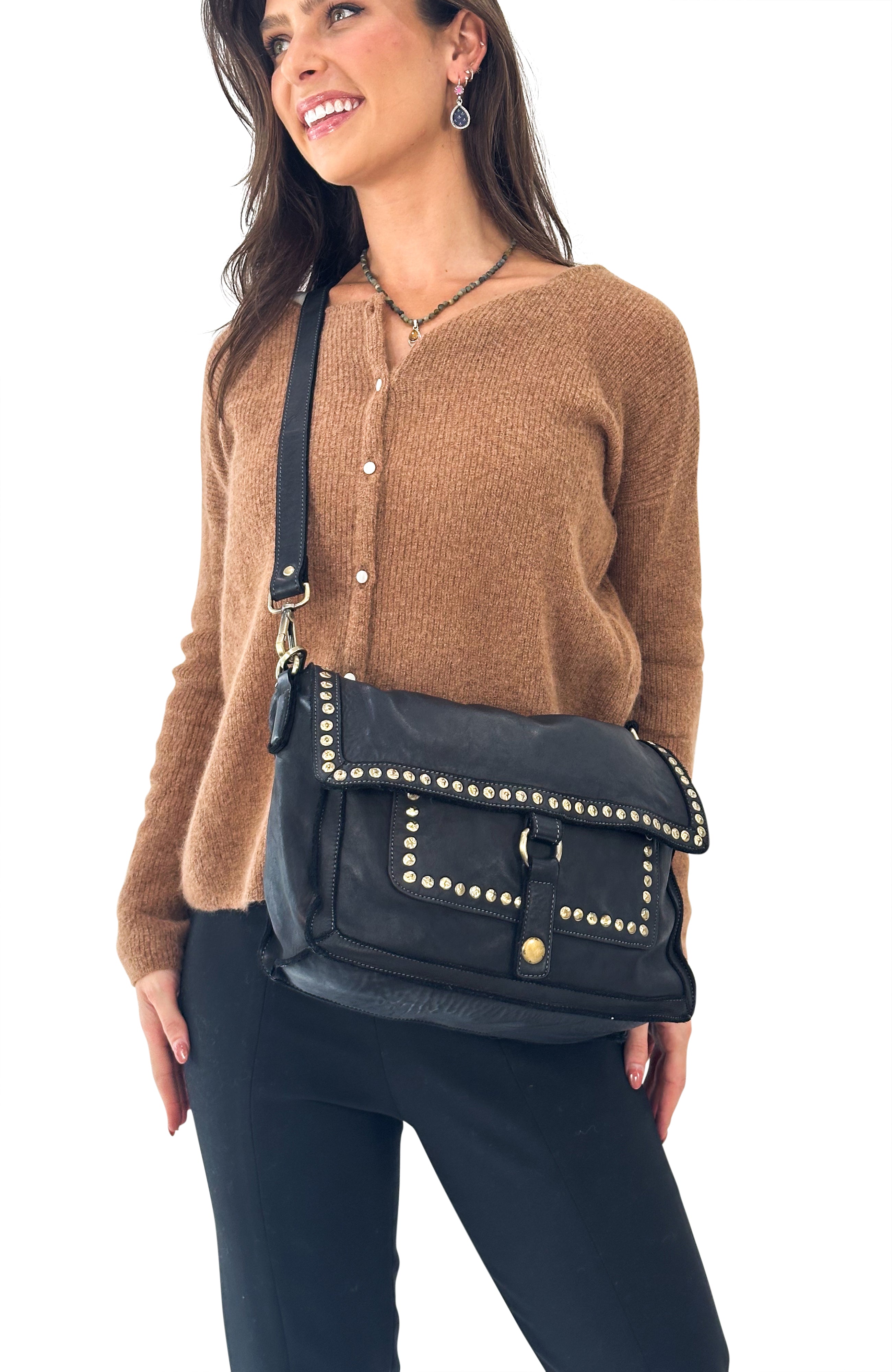 Emily Studded Shoulder Bag in Black