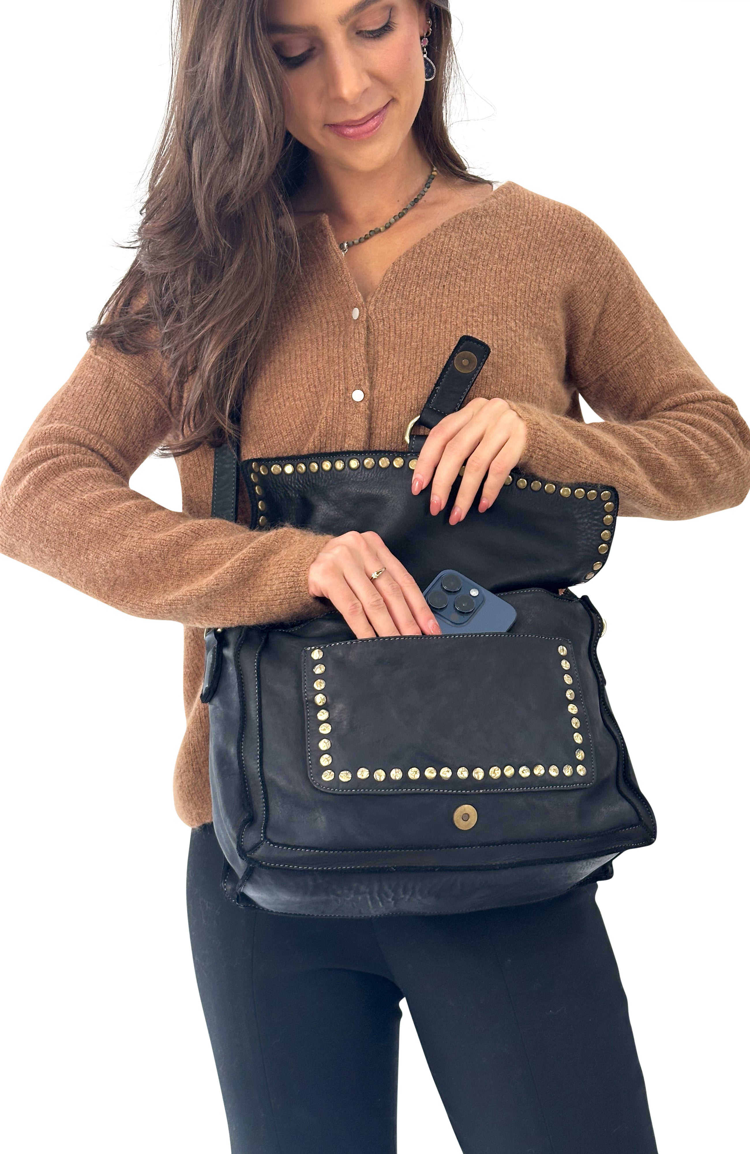 Emily Studded Shoulder Bag in Black