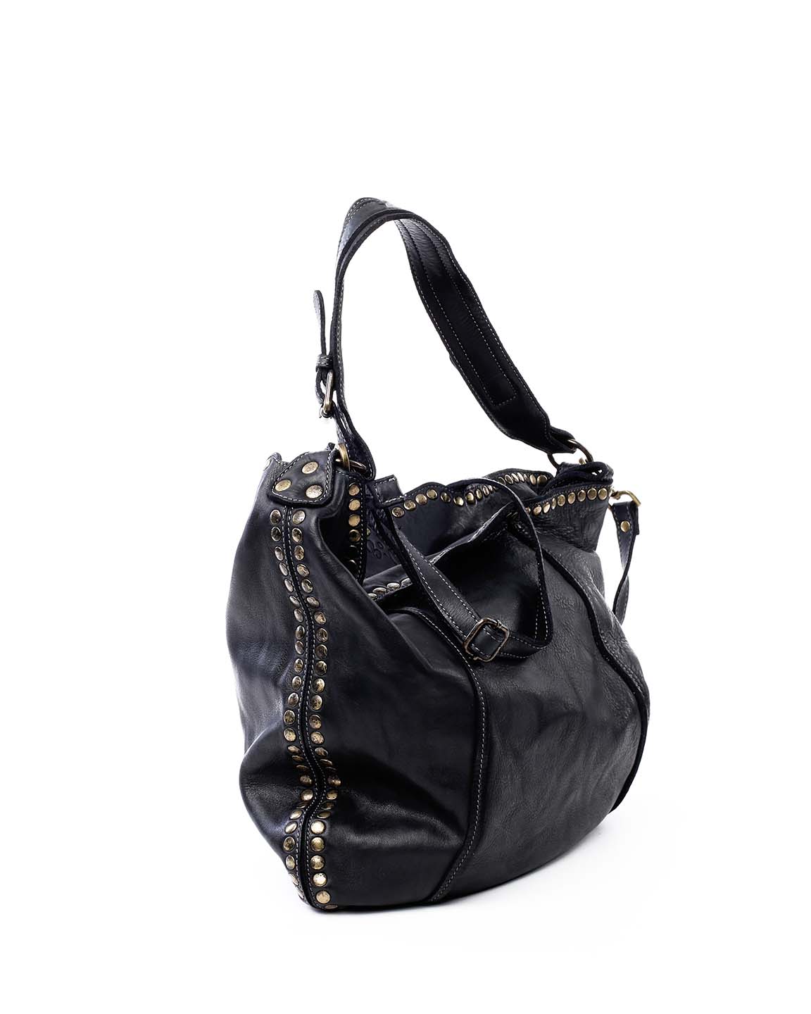Side View Anna Leather Hobo with Studs in Black