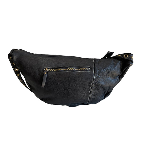 Back View of Large Leather Bella Sling Bag in Black