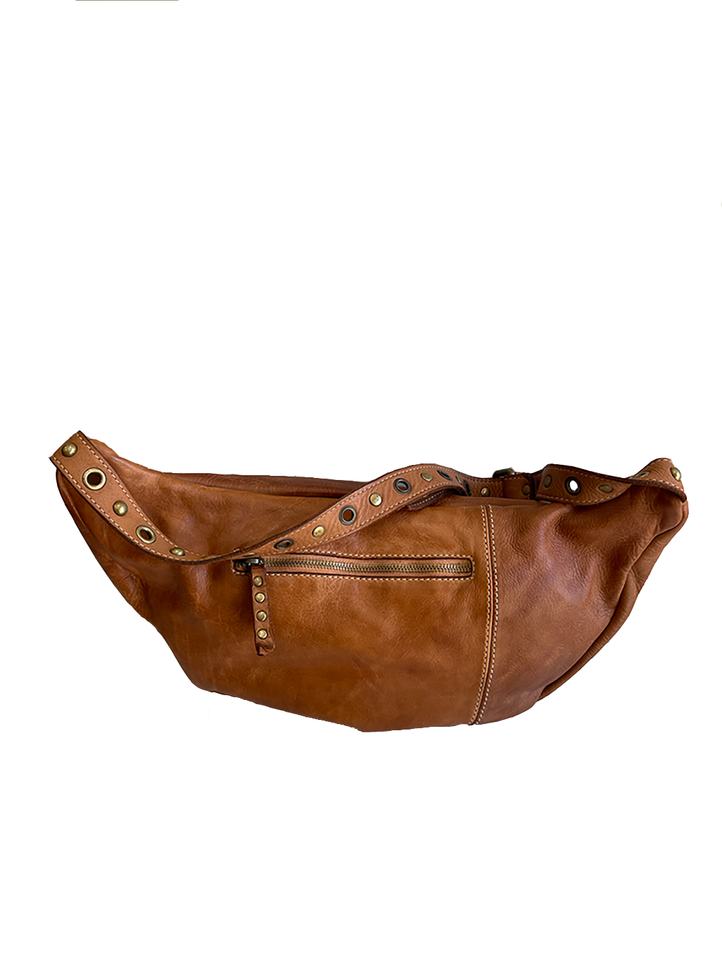 Back of Large Leather Bella Sling Bag in Cognac